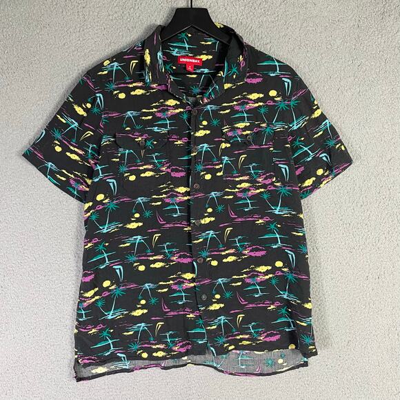 Unionbay Tropical Print Short Sleeve Button Shirt‎ Black Rayon Men's Medium - Picture 1 of 7